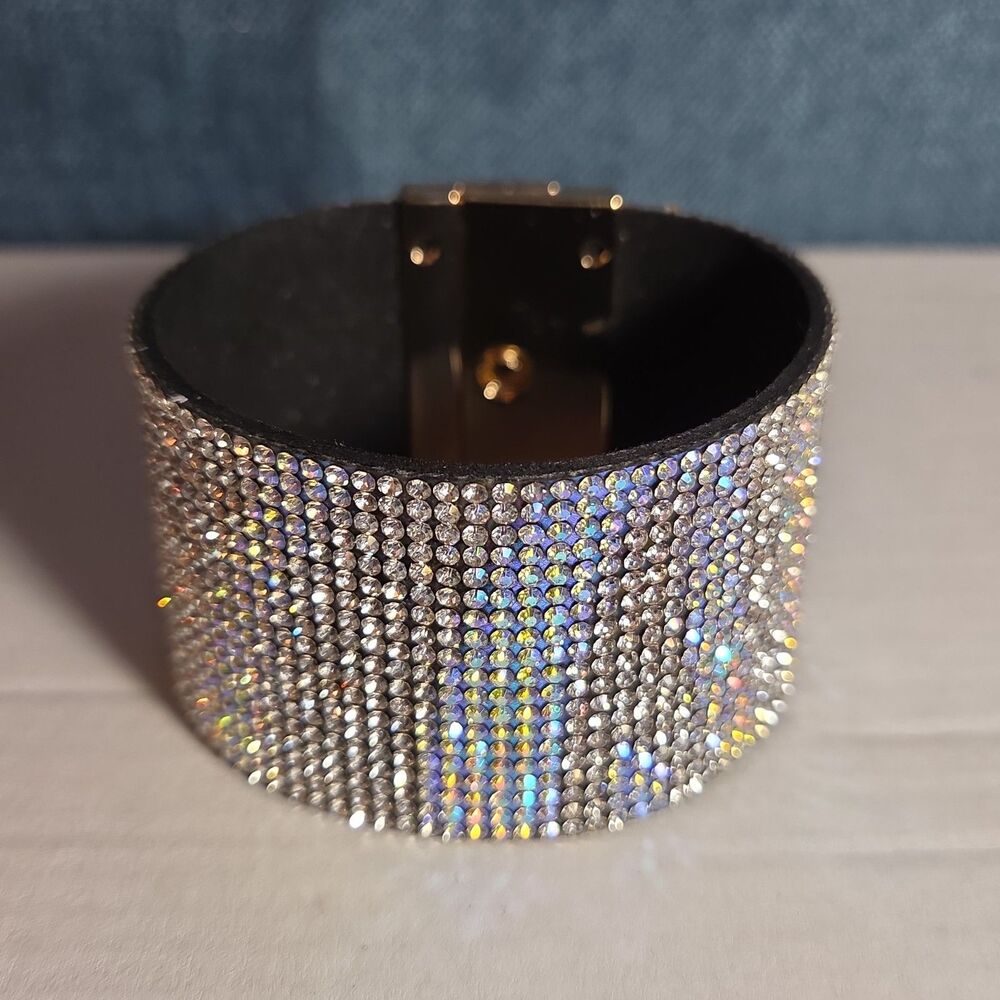 Rhinestone Wide Cuff Bracelet AB Crystal Gold Tone Y2K Glam Style NWOT - Picture 13 of 16